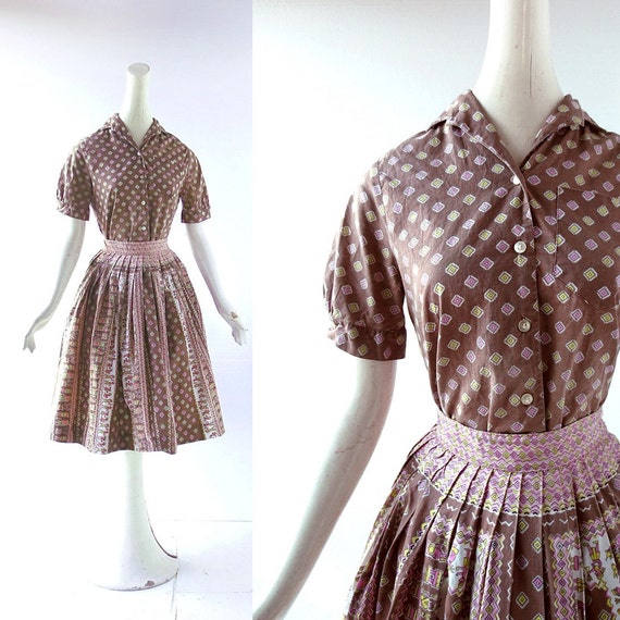 1950s Aztec Temple Novelty Print Blouse and Skirt