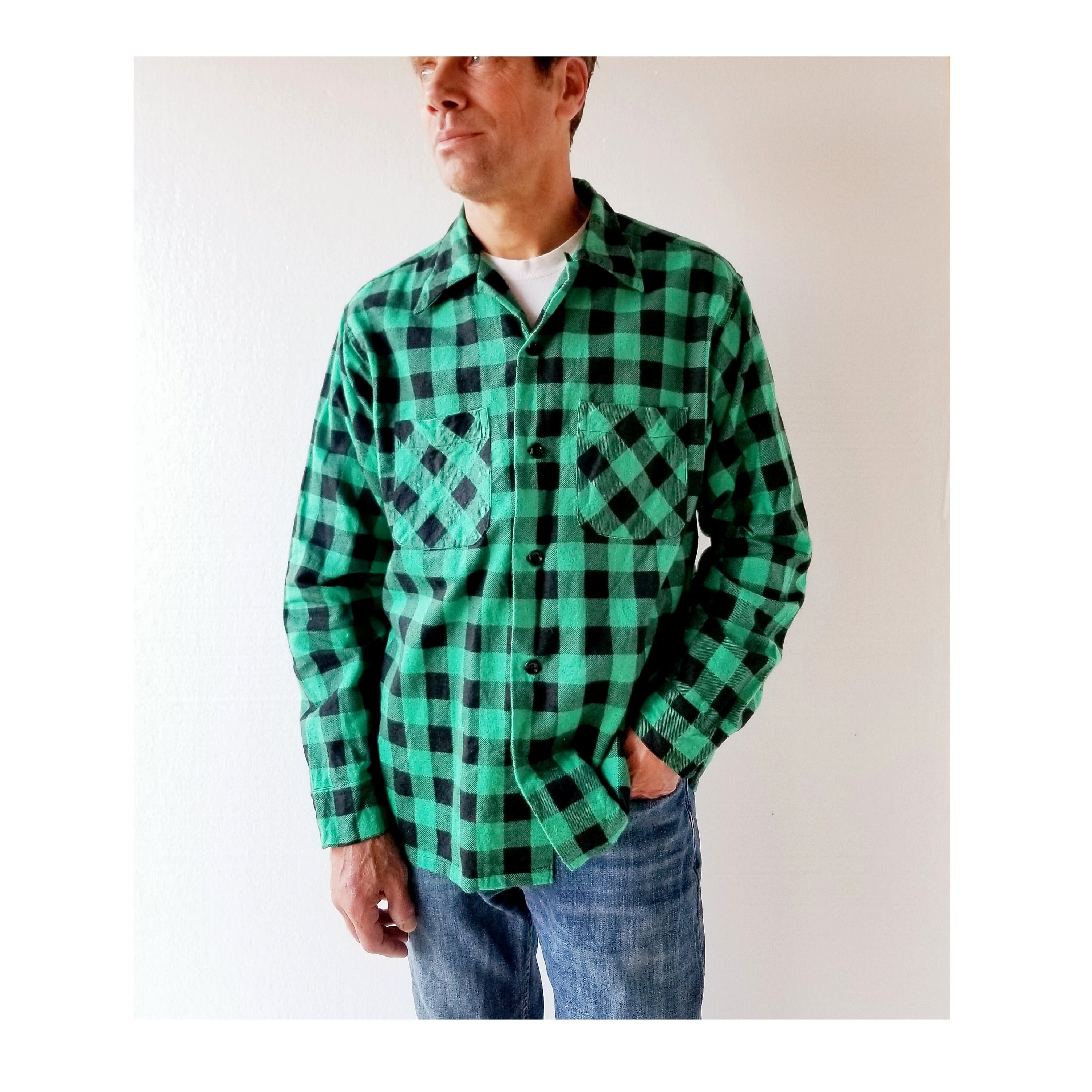 50s Flannel Shirt Green Buffalo Plaid 