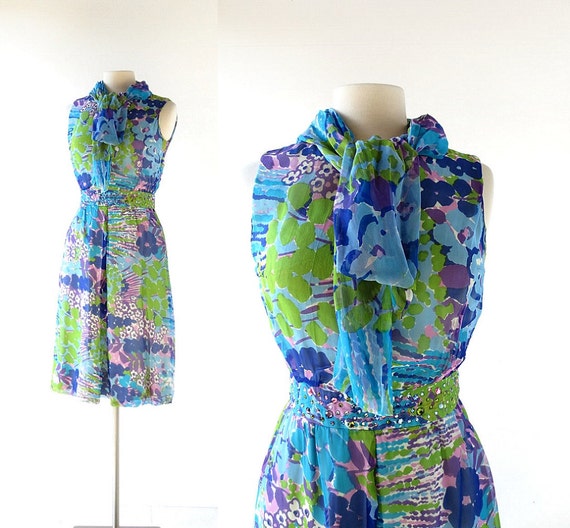1960s Cocktail Dress | Floral Chiffon Dress | Abe