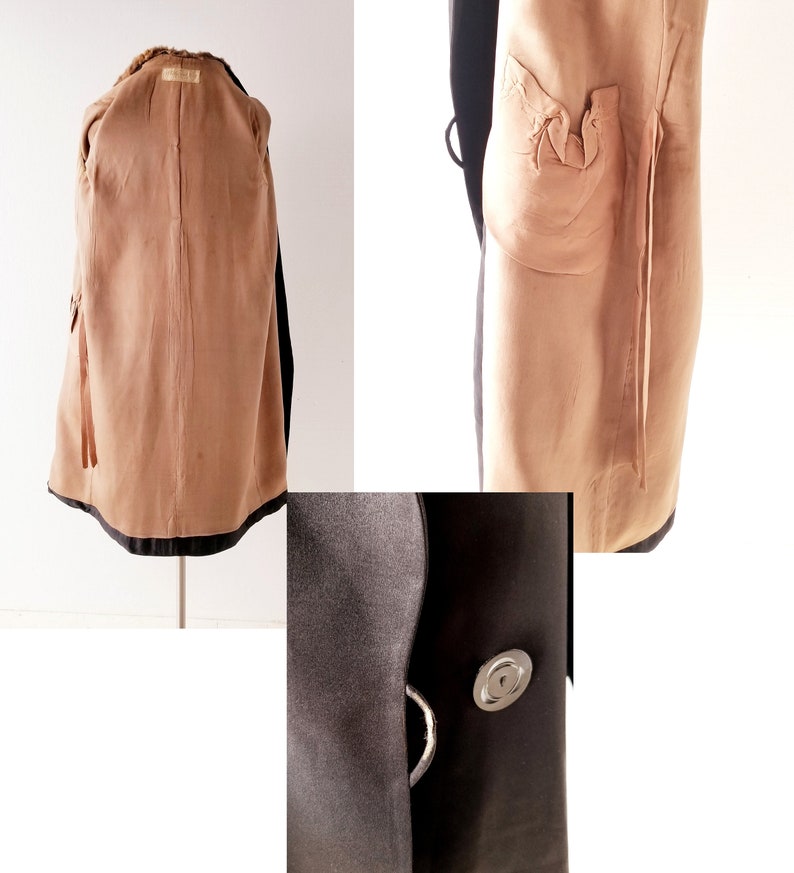 May include: A black wool coat with a brown fur collar and lining. The coat has a button closure and a single pocket on the left side. The lining is visible in the back and the pocket is visible on the right side.