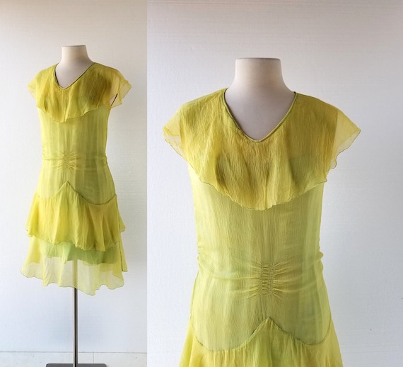 Vintage 20s Dress | Chartreuse Dress | 1920s Dress