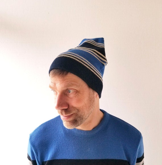 Vintage Smiley Beanie | 1950s Hat | Blue Knit Hat - image 1