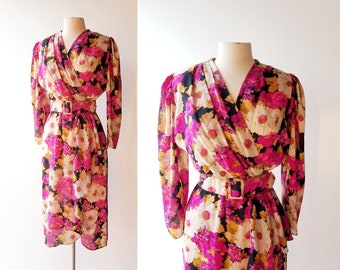 80s Floral Dress | À Nos Amours | Flower Print Dress | Small S