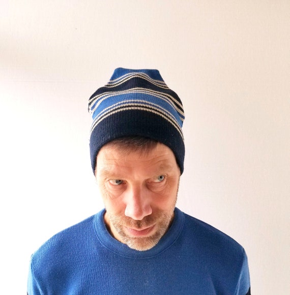 Vintage Smiley Beanie | 1950s Hat | Blue Knit Hat - image 3