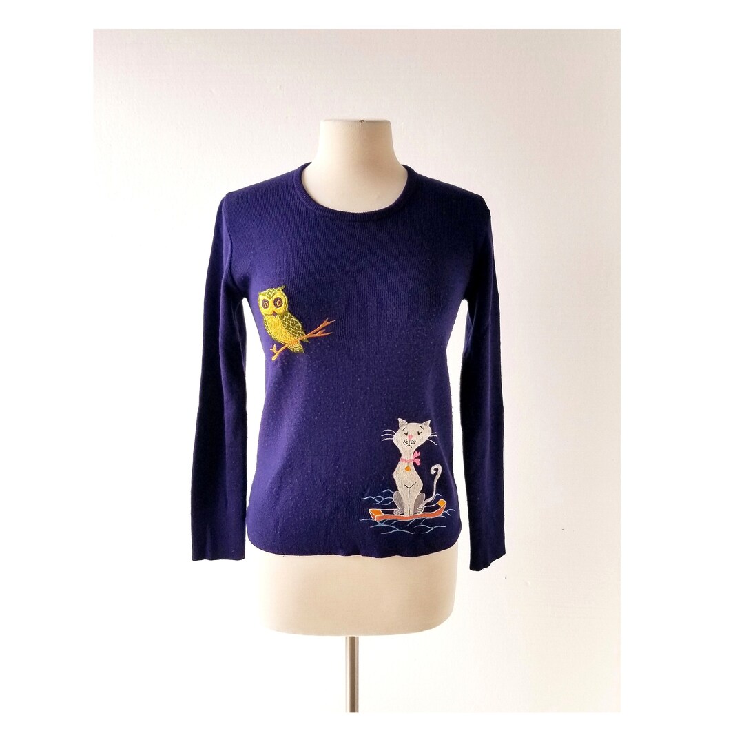1970s Cat Novelty Print Sweater by Andreno Argenti | S/M