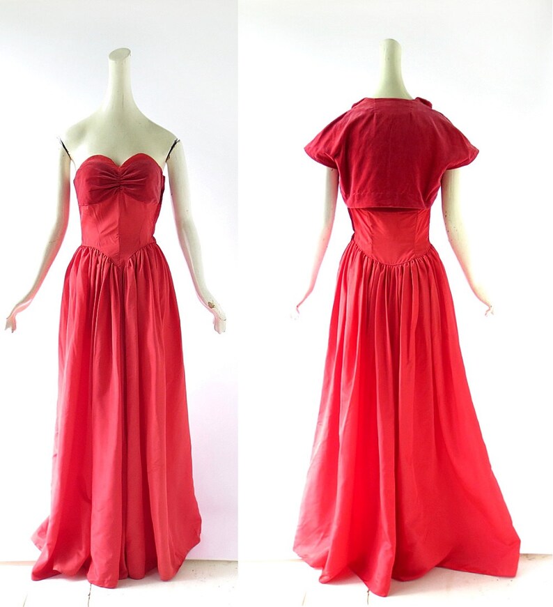 Vintage 1940s Gown Red Taffeta Dress Dress with Bolero and Hat XXS image 2