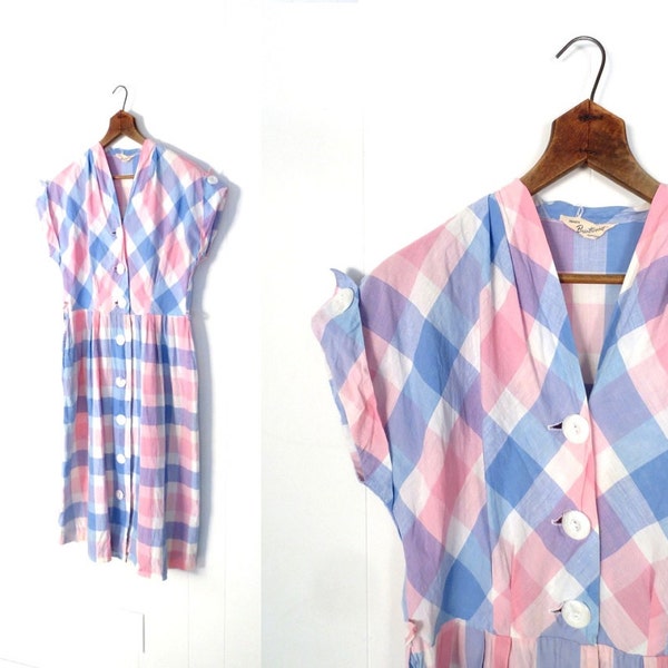 1950s Cotton Dress / 50s Plaid Dress / Pink and Blue / Big Button Dress / M L