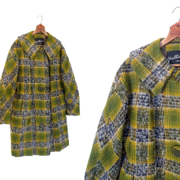 Vintage 1940s Coat / Green Plaid Wool Coat / L XL