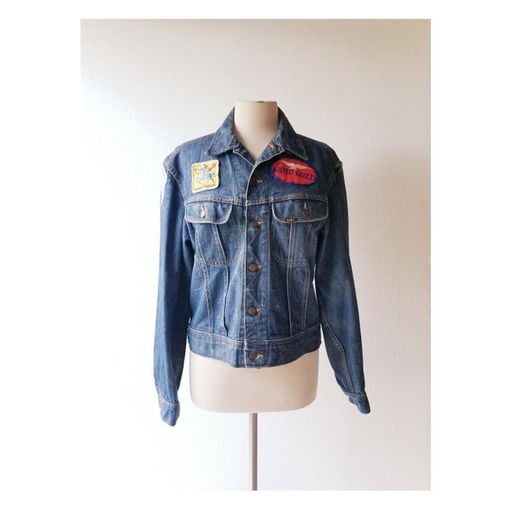 VINTAGE LEE DENIM SHEARLING CUSTOM MATISSE FLORAL PATCH TRUCKER JACKET -  Large