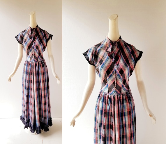 Vintage 1930s Dress | Plaid Gown | 30s Gown | XS S