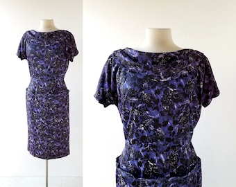Vintage 1950s Dress | Midnight in the Garden | Floral Print Dress | Medium M