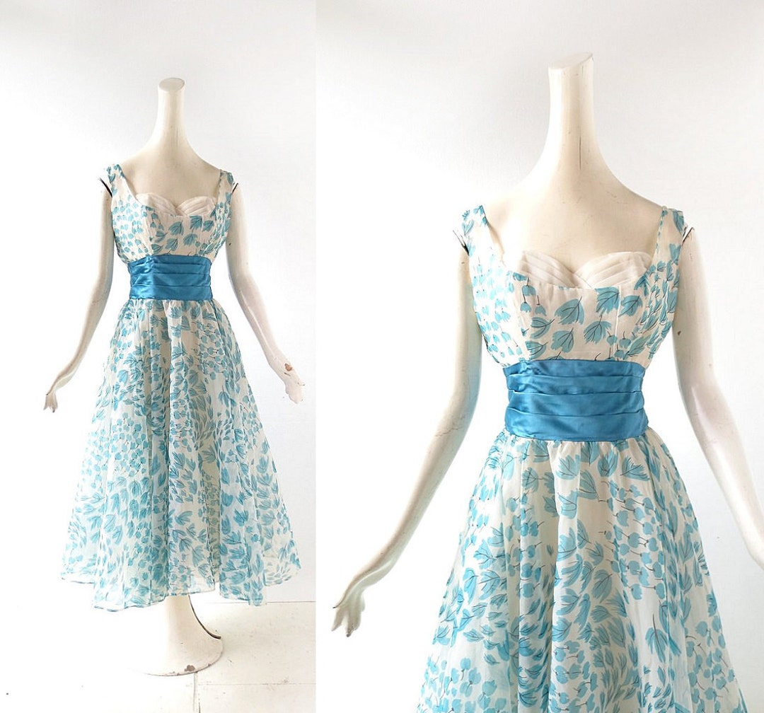 1950s Pastel Leaf Print Dress | XS/S