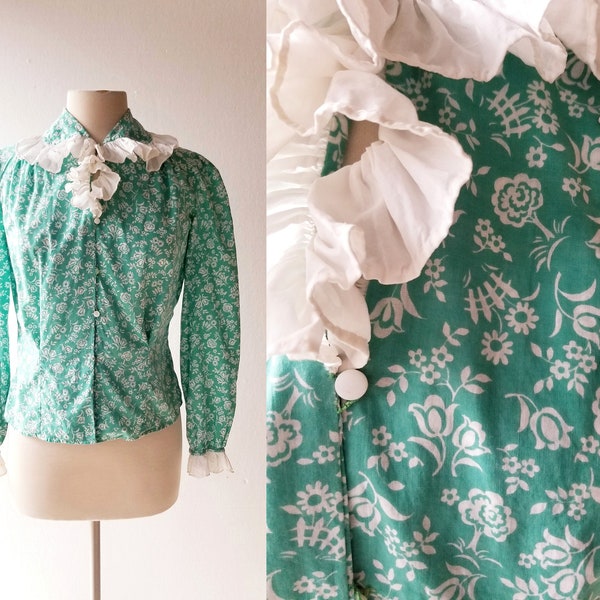 Vintage 1940s Blouse | Picket Fence | Floral Print Blouse | Small S