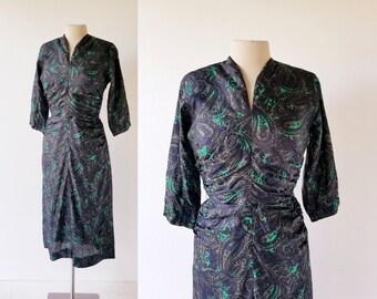 50s Silk Dress | Dark Paisley | 1950s Dress | XS