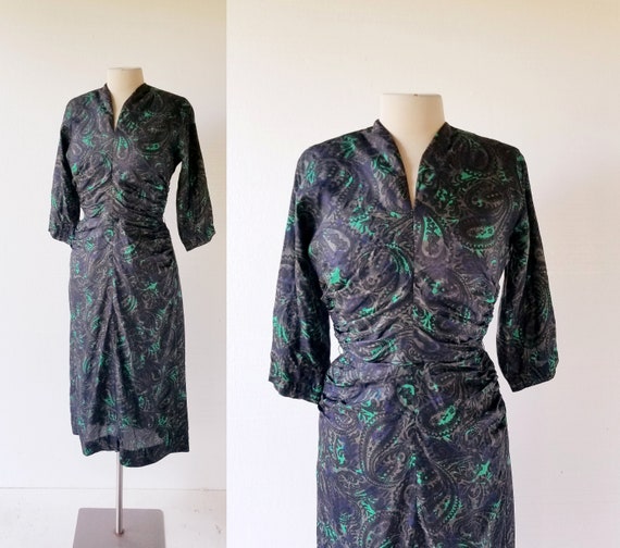 50s Silk Dress | Dark Paisley | 1950s Dress | XS - image 1