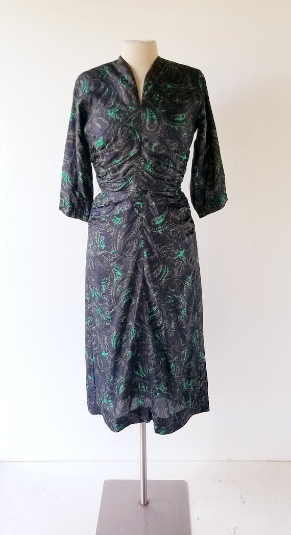 50s Silk Dress | Dark Paisley | 1950s Dress | XS - image 2