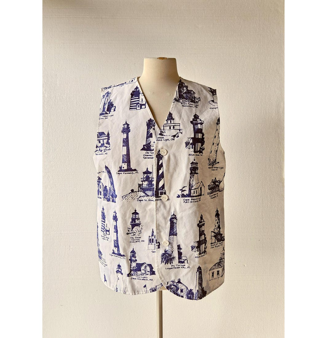 Vintage Michigan Rag Co Lighthouse Print Vest M L - Etsy