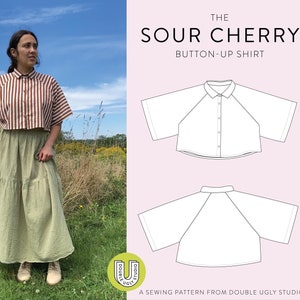 May include: A sewing pattern for a cropped button-up shirt called "The Sour Cherry Button-Up Shirt" from Double Ugly Studio.