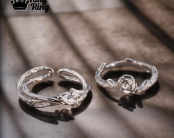 Zweig Rosen Paar Ringe: Verstellbare Silber Versprechen Ringe Set