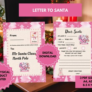 Carta a Papá Noel, edición rosa para niñas / Descarga digital / Plantilla de lista de deseos navideños para niños / Imprimible en A4, A5 y 8,5 x 11
