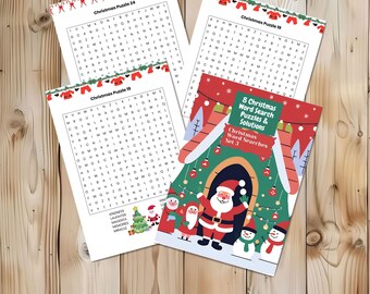 May include: An image of Christmas word search puzzles. The image shows three individual word search pages and a booklet cover with the title "8 Christmas Word Search Puzzles & Solutions". The cover features Santa Claus and a snowman.