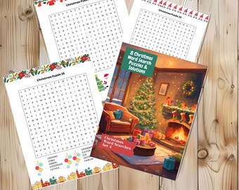 May include: A set of eight Christmas word search puzzles with solutions. The cover features a cozy living room scene with a fireplace, a Christmas tree, and presents.