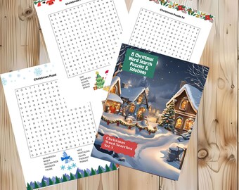 May include: A set of eight printable Christmas word search puzzles with solutions. The puzzles feature a wintery scene with snow-covered houses and a Christmas tree. The puzzles include words like "snowfall", "oranges", "nutcracker", and "special".