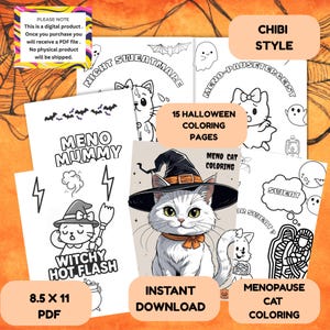 May include: A collection of Halloween-themed coloring pages in a chibi style. The pages feature illustrations of cats dressed in witch costumes and other spooky designs. The pages are 8.5 x 11 inches in size and available for instant download.