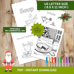 Könnte beinhalten: Eine Sammlung ausdruckbarer Malvorlagen mit Themen wie Essen und Trinken, darunter Suppe, Cocktails und festliche Gerichte. Die Seiten haben das US Letter-Format (21,6 x 27,9 cm). Der Text auf dem Bild lautet "Druckbar, keine kommerzielle Nutzung" und "PDF - Sofort-Download".