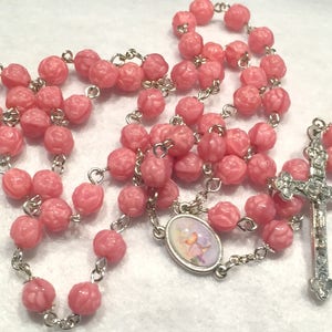 Pink rosesbud 1st communion rosary