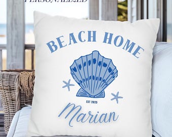 Cojín de playa con conchas marinas, decoración náutica costera, cojín oceánico personalizado