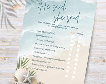 Coastal Bridal Shower Game Printable He Said She Said