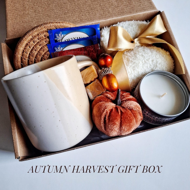 May include: An open cardboard gift box filled with fall-themed items. Includes a beige and white mug, a small candle, a plush pumpkin, tea bags, and a woven coaster. The text "AUTUMN HARVEST GIFT BOX" is at the bottom.