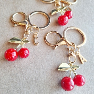 Cherry Initial Keychain Personalized Letter Charm, Teen Girl Gift