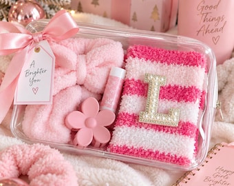 Teen Girl Self-Care Gift Pouch, Fuzzy Socks, Lip Gloss, Personalized Christmas Gift Set (Initial)