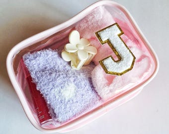 Party Favors for Girls Gift Set Clear Cosmetic Pink Pouch, Chenille Letter