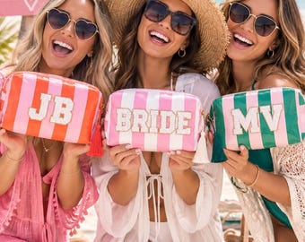 Beach Trip Bride and Crew Cosmetic Pouch: Striped Zipper Travel Bag (Custom Letter)