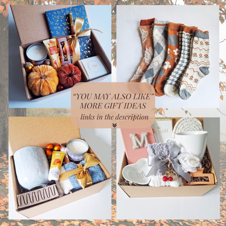 May include: Four gift boxes with various items, including candles, socks, and decorative pumpkins. One box contains a blue journal and a gold ribbon. The text in the image says "YOU MAY ALSO LIKE" and "MORE GIFT IDEAS links in the description".