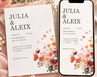 Editable Wildflower Wedding Invitation Printable Card and Mobile Digital Invitation Canva Template