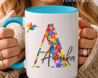 Taza floral con inicial personalizada Taza de café con monograma personalizado