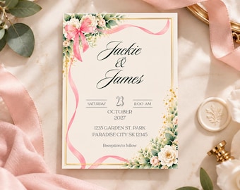 Editable Pink Bow Floral Wedding Invitation Suite (Canva Template)