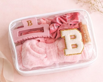 Personalized Spa Gift Set Sleepover Party Favors Clear Cosmetic Pouch Chenille Letter