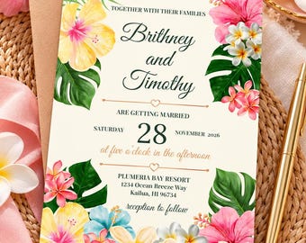 Printable Wedding Invitation Editable Template Tropical Destination Instant Download