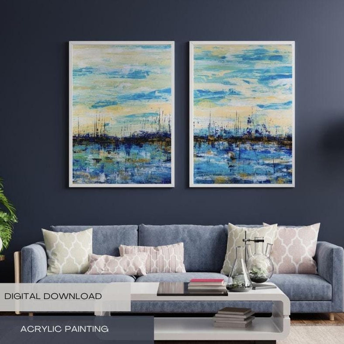 Beach Wall Art Printable Abstract Ocean Painting Coastal Print Set ...