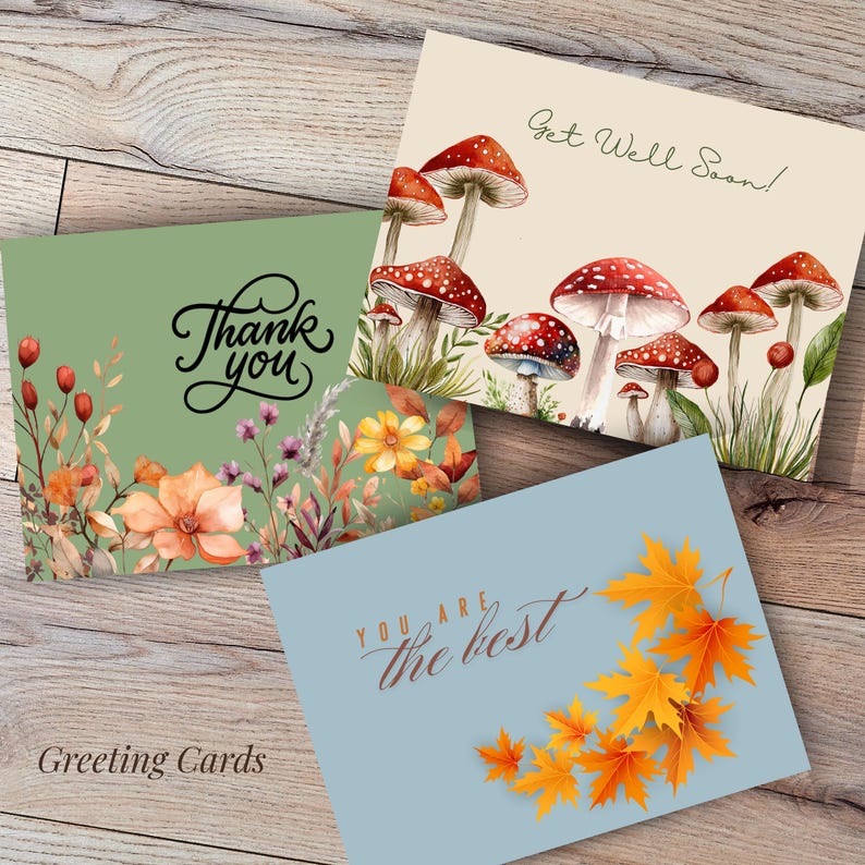 May include: Greeting cards with watercolor designs. One card says "Thank You" with floral accents. Another says "Get Well Soon" with mushroom illustrations. A third card says "You are the best" with autumn leaves.