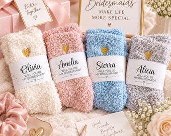 Personalized Bridesmaid Socks, Cozy Fuzzy Proposal Gift, Custom Bridal Party Favor