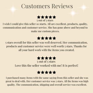 May include: A beige background with the text "Customers Reviews" at the top. Below are customer reviews with 5-star ratings and positive comments about the seller's products, communication, and service.
