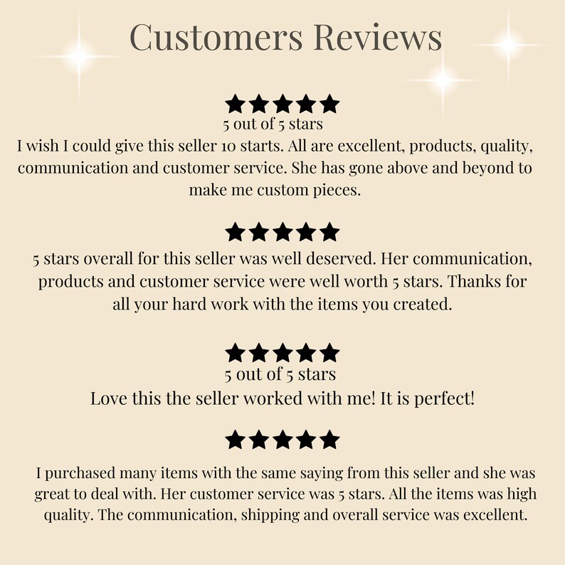 May include: A beige background with the text "Customers Reviews" at the top. Below are customer reviews with 5-star ratings and positive comments about the seller's products, communication, and service.