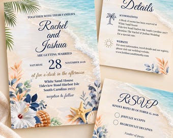 Bech Wedding Printable Invitation Editable Template Coastal Destination Instant Download