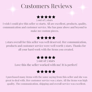 May include: Five-star customer reviews for a seller on an online marketplace. The reviews highlight the seller's excellent products, communication, and customer service. The seller is praised for going above and beyond to create custom pieces.
